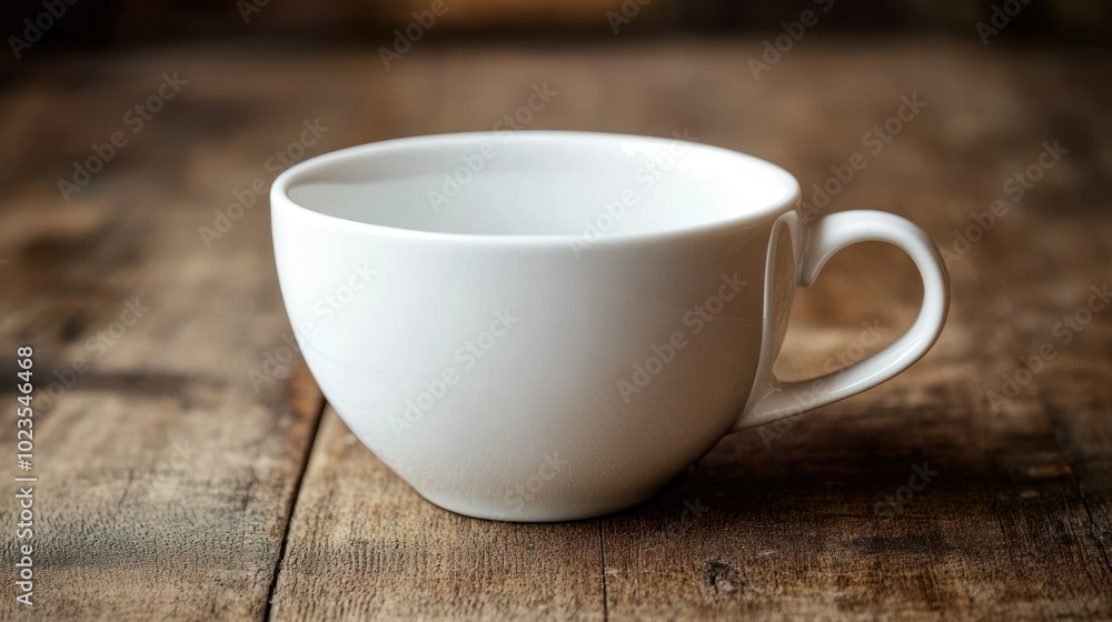 A White Ceramic Mug Resting on a Wooden Surface A White Ceramic Mug Resting on a Wooden Surface