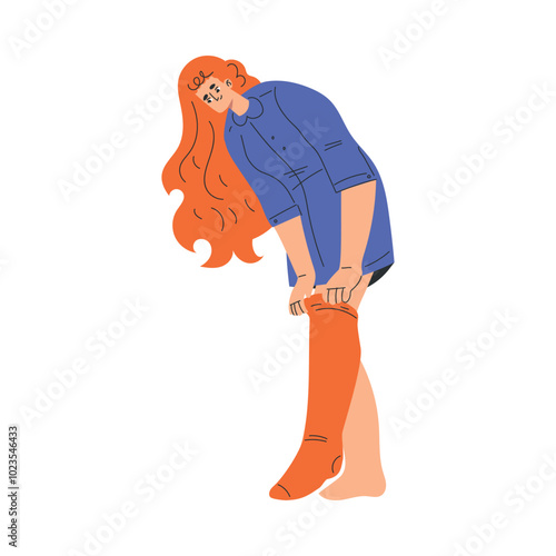 Woman Character Dress Up Put On Stocking Clothes Vector Illustration