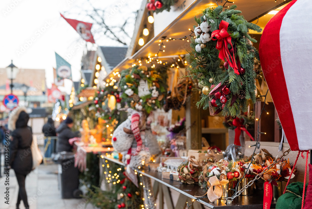 Fototapeta premium Winter Fair for the New Year and Christmas holidays, food houses In Gdansk Poland.