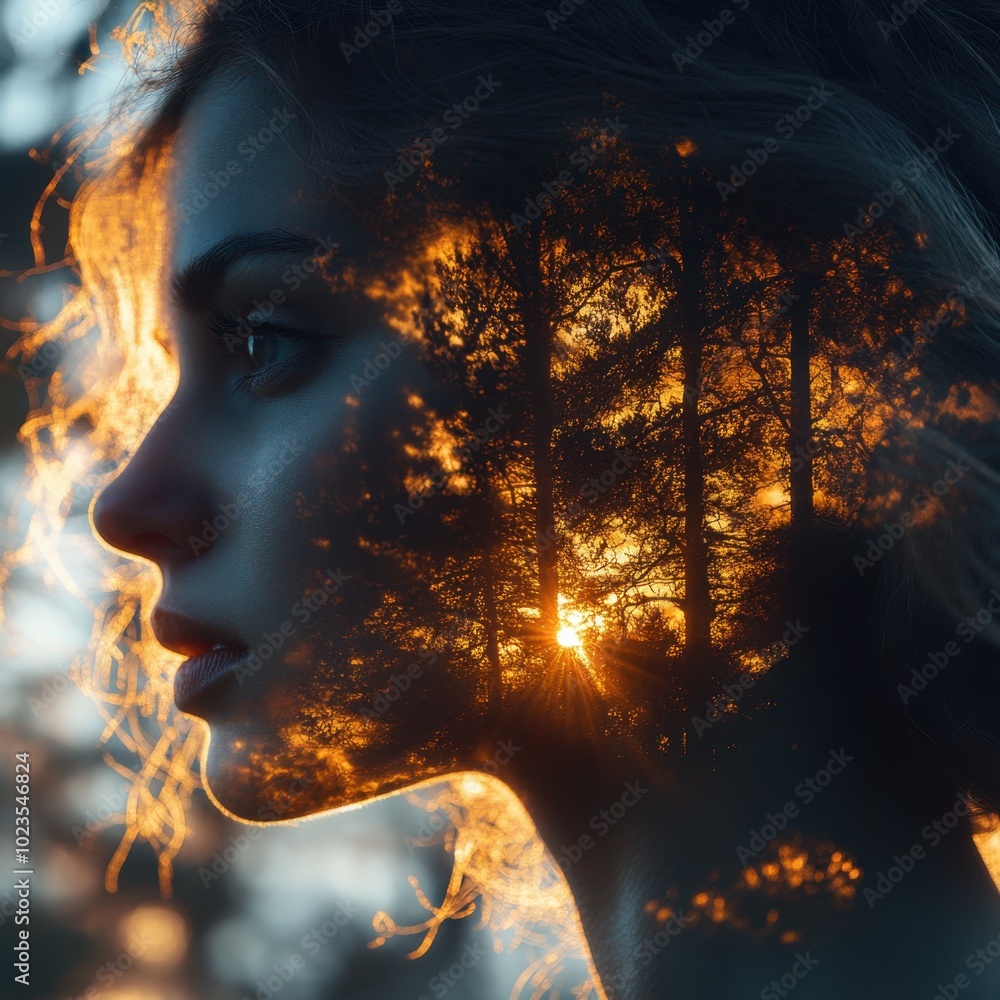 A close-up of a woman’s face, where her hair flows into a forest of tall trees at dawn, with rays of sunlight breaking through. Isolated on white. AR: 4:3. A close-up of a woman’s face, where her hair flows into a forest of tall trees at dawn, with rays of sunlight breaking through. Isolated on white. AR: 4:3.