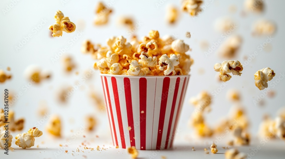 Falling Delicious popcorn out of a red-white striped paper cup isolated on white background Falling Delicious popcorn out of a red-white striped paper cup isolated on white background