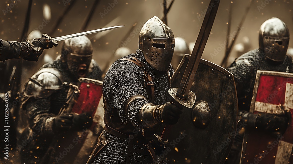 A group of medieval knights in armor, preparing for battle with swords and shields. A group of medieval knights in armor, preparing for battle with swords and shields.