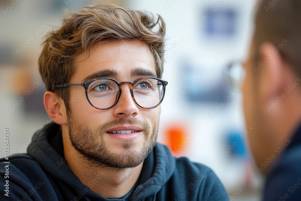A young man with tousled hair, wearing glasses, glances upwards with an inquisitive expression against a clear blue background, indicating thoughtfulness and curiosity. A young man with tousled hair, wearing glasses, glances upwards with an inquisitive expression against a clear blue background, indicating thoughtfulness and curiosity.