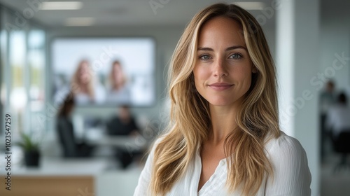 Wallpaper Mural A confident young woman with long blonde hair stands smiling in a bright and modern office environment, conveying professionalism and a positive atmosphere. Torontodigital.ca