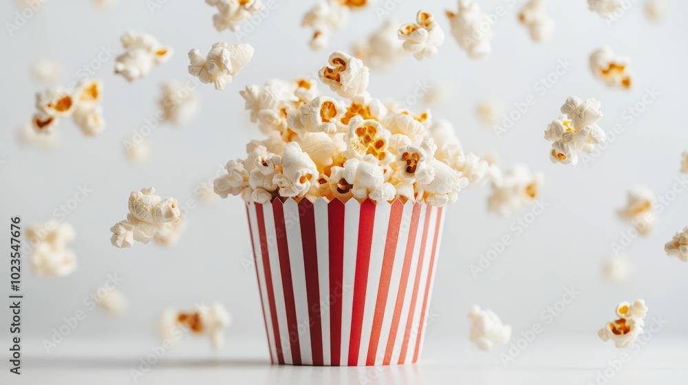 Falling Delicious popcorn out of a red-white striped paper cup isolated on white background Falling Delicious popcorn out of a red-white striped paper cup isolated on white background