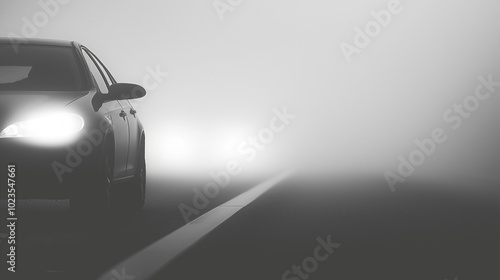 Fog-Covered Highway Collision - Eerie Atmosphere with Limited Visibility and Headlights Piercing Through a Mysterious Scene