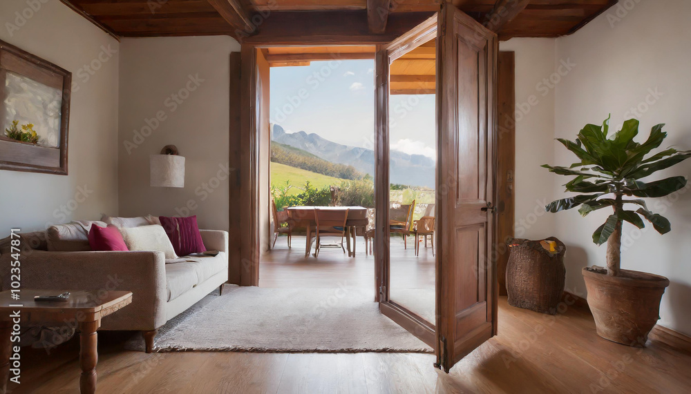Cozy living room with open doors revealing a stunning mountain view in the countryside during daylight hours Cozy living room with open doors revealing a stunning mountain view in the countryside during daylight hours