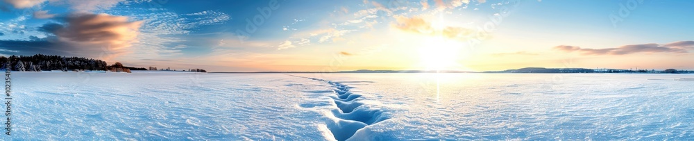 Obraz premium Frozen landscape with deep snow, ice formations, and a beautiful sunrise on the horizon.