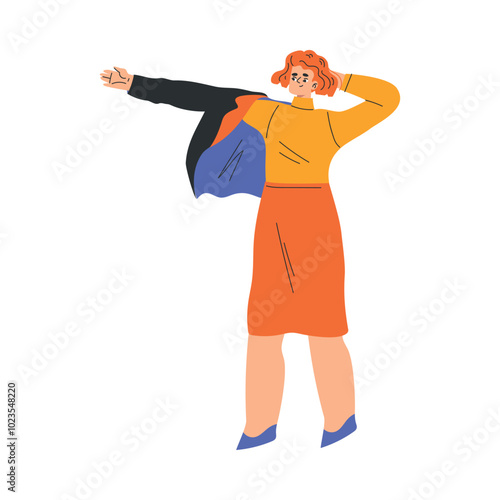 Woman Character Dress Up Put On Jacket Clothes Vector Illustration