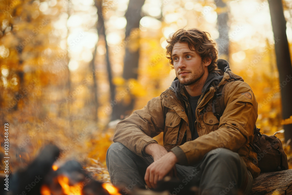 Young man is taking a break from hiking, sitting near a campfire in the woods during autumn Young man is taking a break from hiking, sitting near a campfire in the woods during autumn