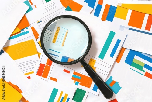 Magnifying glass on paperwork with colorful graphs and charts, white isolate background.