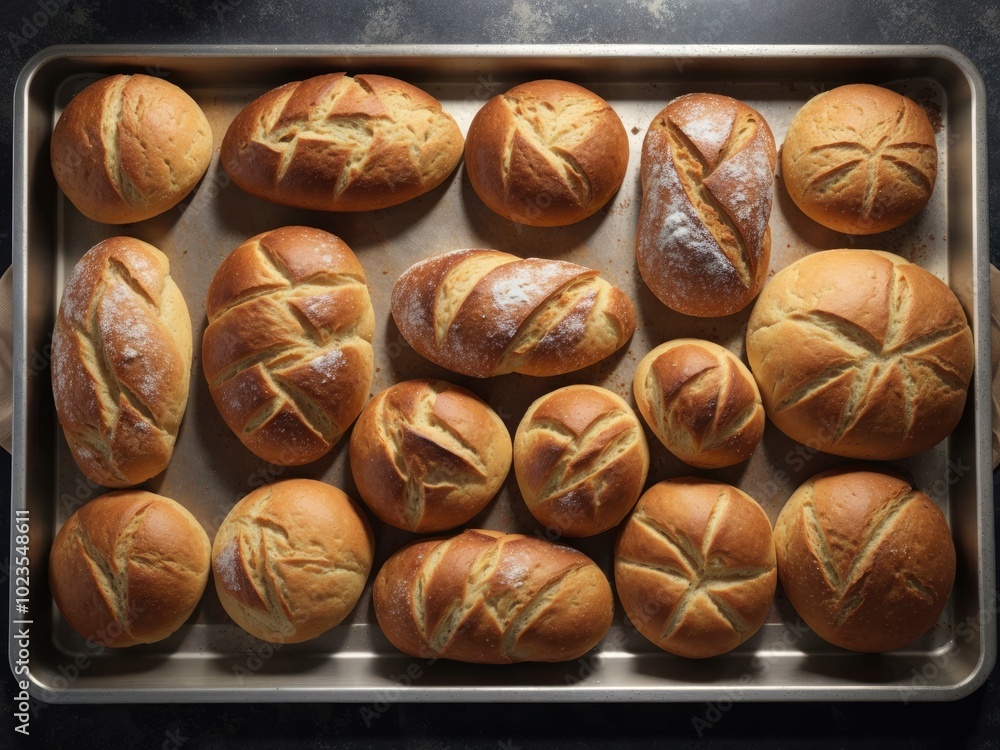 Overhead view of fresh baked breads in baking sheets. Array of bread loaves on trays Overhead view of fresh baked breads in baking sheets. Array of bread loaves on trays