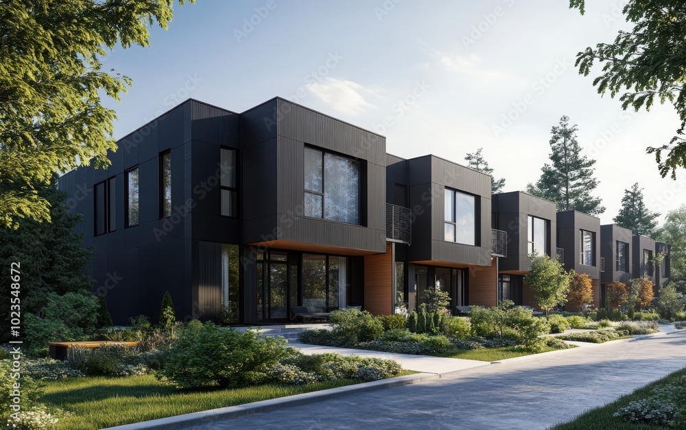 Modern black modular townhouses with sleek geometric architecture. Modern black modular townhouses with sleek geometric architecture.