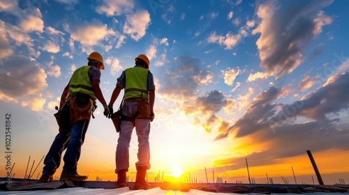 Construction workers observing a beautiful sunset while on-site, highlighting teamwork and dedication in their field.