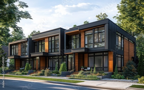 Modern black townhouses designed with a modular structure and minimal detailing. 