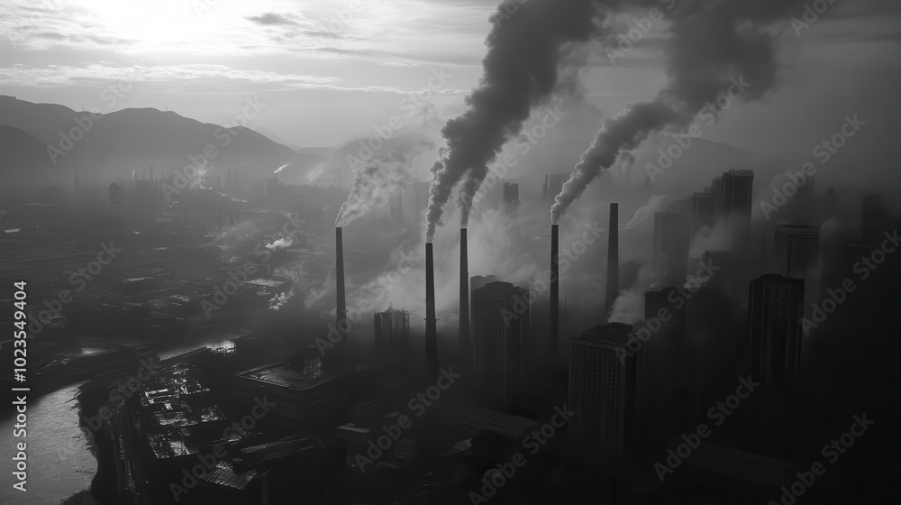Fototapeta premium Aerial view of industrial smokestacks releasing dark smoke over a cityscape, highlighting environmental pollution and urban development.