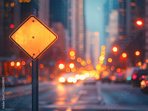 A yellow sign is on a pole in the middle of a busy city street photo