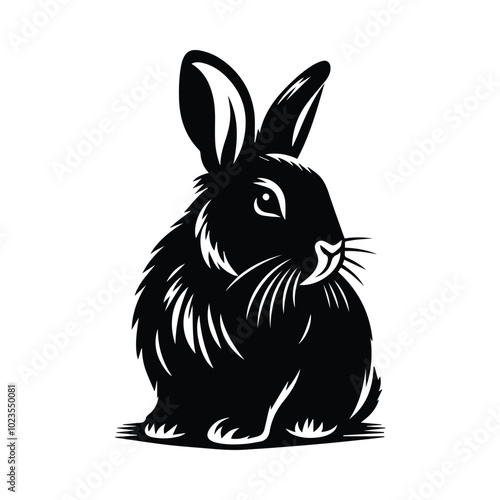 A monochrome drawing of a rabbit with an assortment of carrots and other vegetables nearby