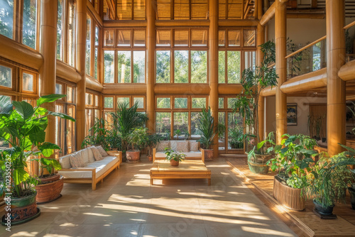 Sunlight illuminating a spacious bamboo house interior with high ceilings, numerous plants and wooden furniture