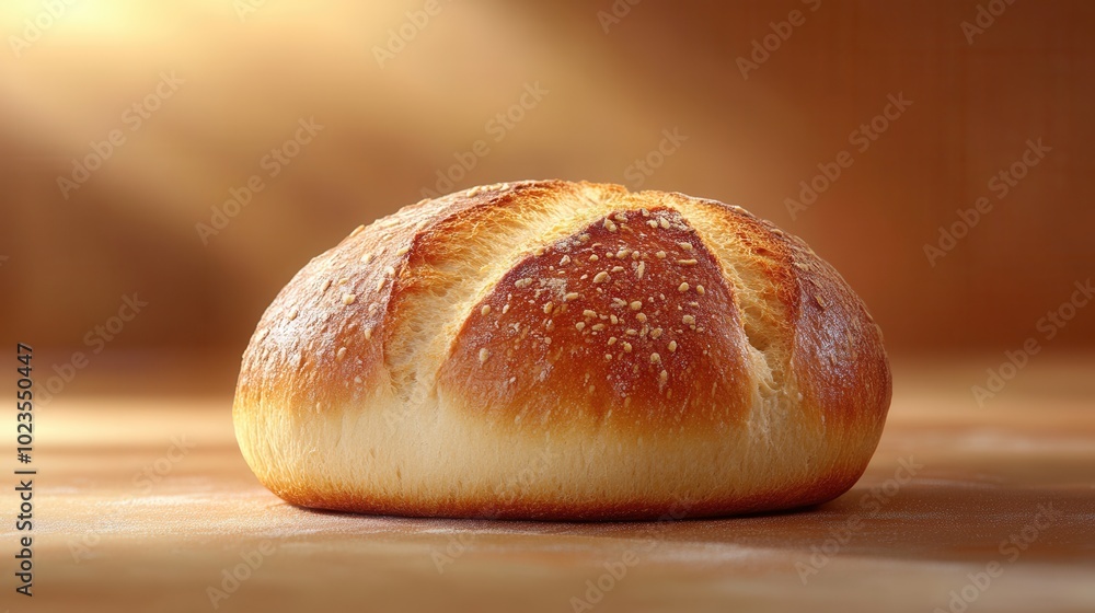 A beautifully sunlit golden bread loaf is adorned with sesame seeds, resting warmly on an inviting background, capturing the essence of freshly baked warmth and inviting comfort. A beautifully sunlit golden bread loaf is adorned with sesame seeds, resting warmly on an inviting background, capturing the essence of freshly baked warmth and inviting comfort.