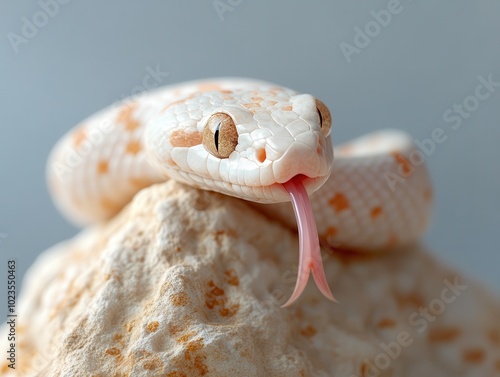 Snake coiling around a rock, basking in the sunlight with its tongue flicking photo