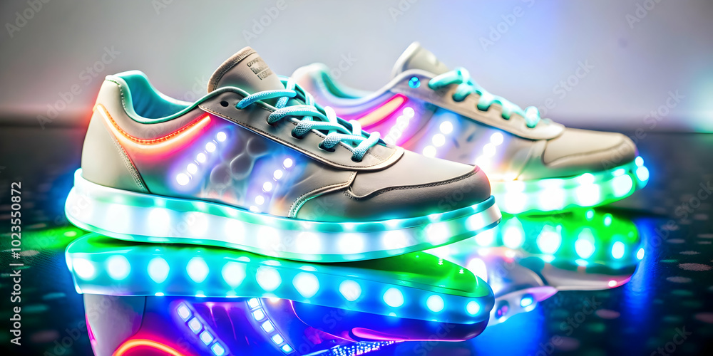 Close Up of Futuristic Millennial Sneakers with LED Lights - A Macro Shot of Glowing Footwear Perfect for Advertisements in Fashion and Technology Close Up of Futuristic Millennial Sneakers with LED Lights - A Macro Shot of Glowing Footwear Perfect for Advertisements in Fashion and Technology
