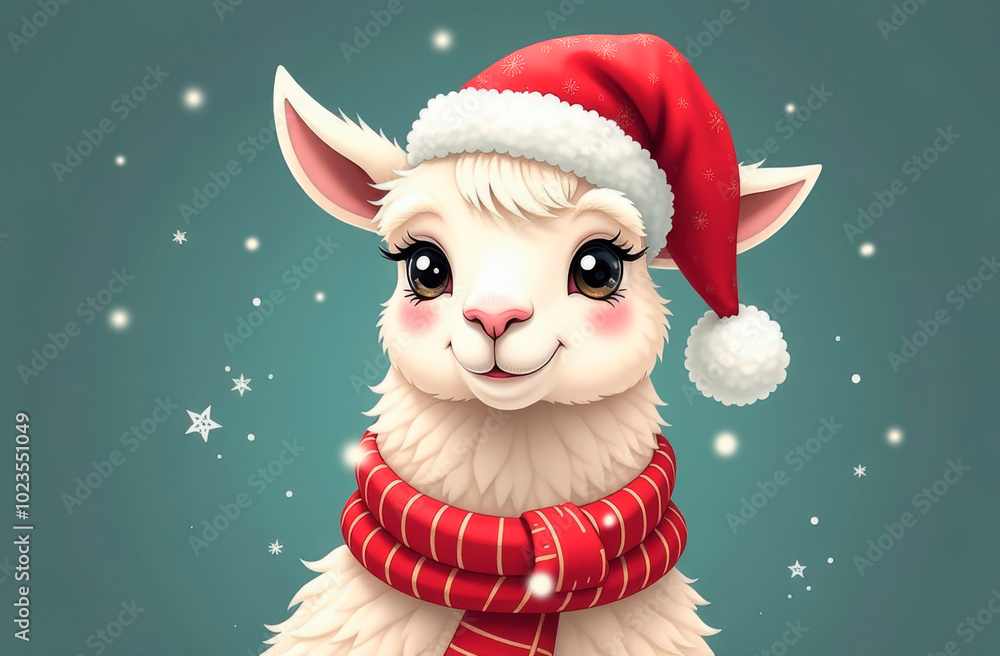Cute llama in red santa hat and red scarf on green background with snowflakes. Illustration Cute llama in red santa hat and red scarf on green background with snowflakes. Illustration