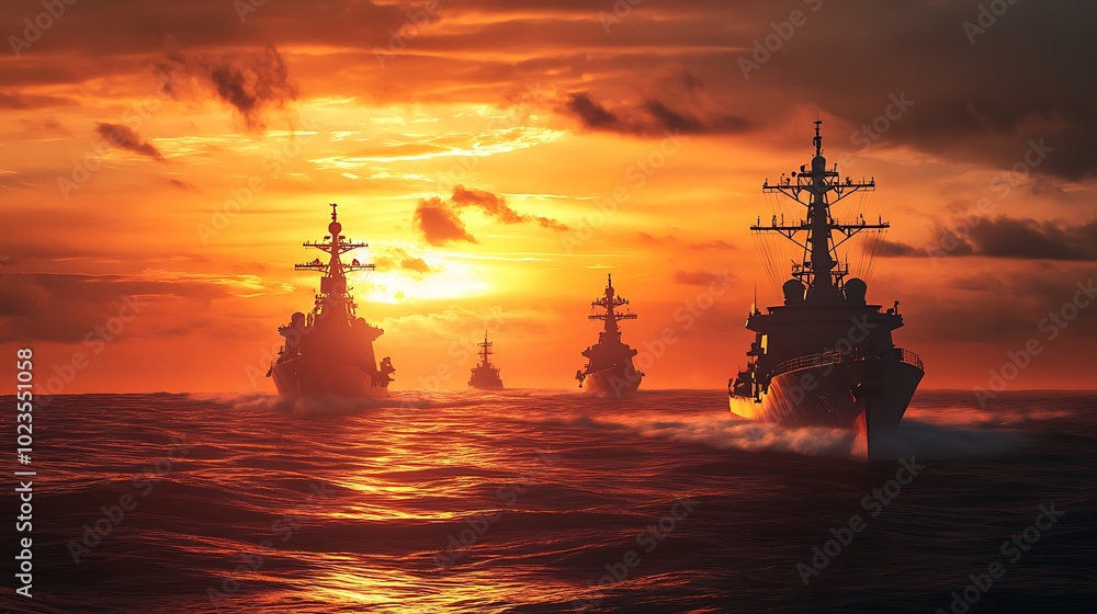 A dramatic sunset scene featuring naval ships navigating through calm waters. A dramatic sunset scene featuring naval ships navigating through calm waters.