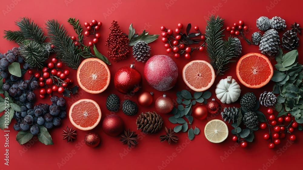modern christmas flat lay featuring festive elements on a vibrant red background capturing the spirit of the holiday with decorations gifts and seasonal cheer modern christmas flat lay featuring festive elements on a vibrant red background capturing the spirit of the holiday with decorations gifts and seasonal cheer