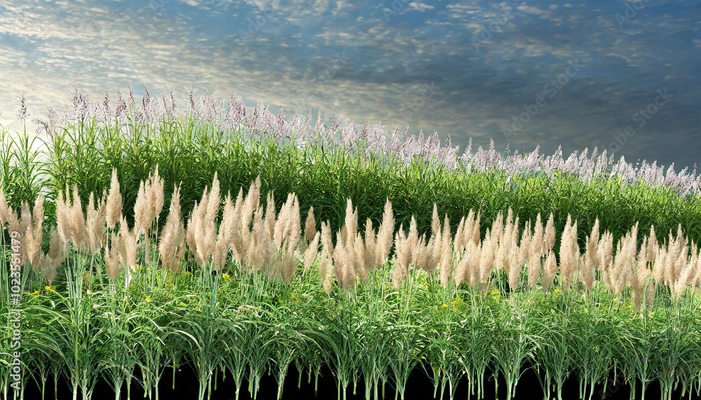 Fototapeta premium Lush landscape of vibrant grass and ornamental pampas grass under a cloudy sky during late afternoon light