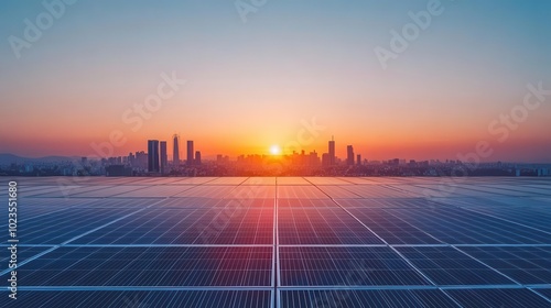 A breathtaking sunset over a city skyline, highlighting solar panels reflecting the vibrant colors of the horizon.