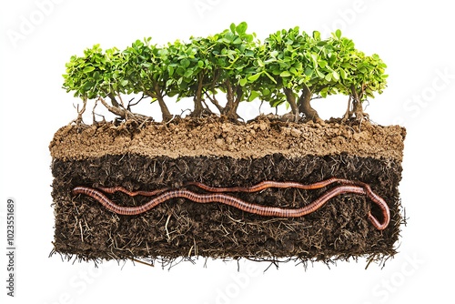 Soil layers showcasing roots, a worm, and green plants on top, isolated on a white background. photo