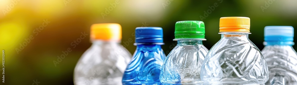 Plastic water bottles in various colors lined up on a blurred background. Plastic water bottles in various colors lined up on a blurred background.