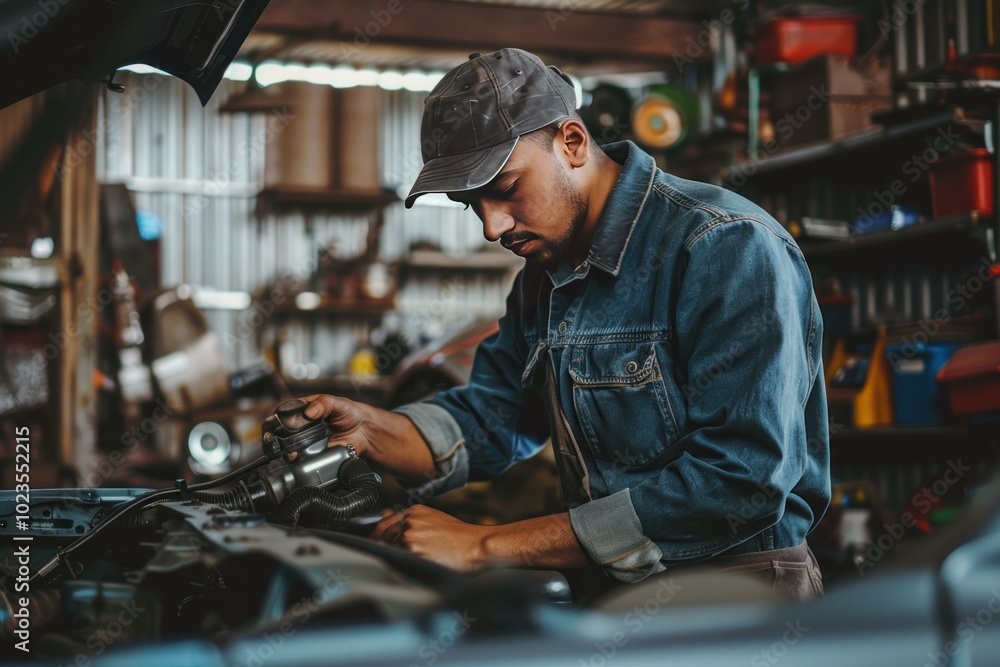 Focused mechanic fixing a car engine, concentrating on the task at hand in a messy garage