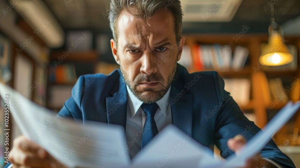 A man in a blue suit, surrounded by books, looks concerned while examining documents. Office setting with lampshades, tiles, and pipes. A man in a blue suit, surrounded by books, looks concerned while examining documents. Office setting with lampshades, tiles, and pipes.