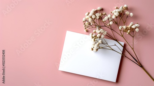 Delicate white flowers with a blank card on a soft pink background, perfect for invitations or messages.