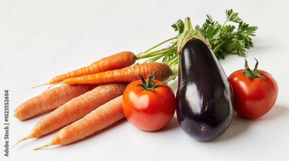 Carrots, Tomatoes and an Eggplant on a White Background Carrots, Tomatoes and an Eggplant on a White Background