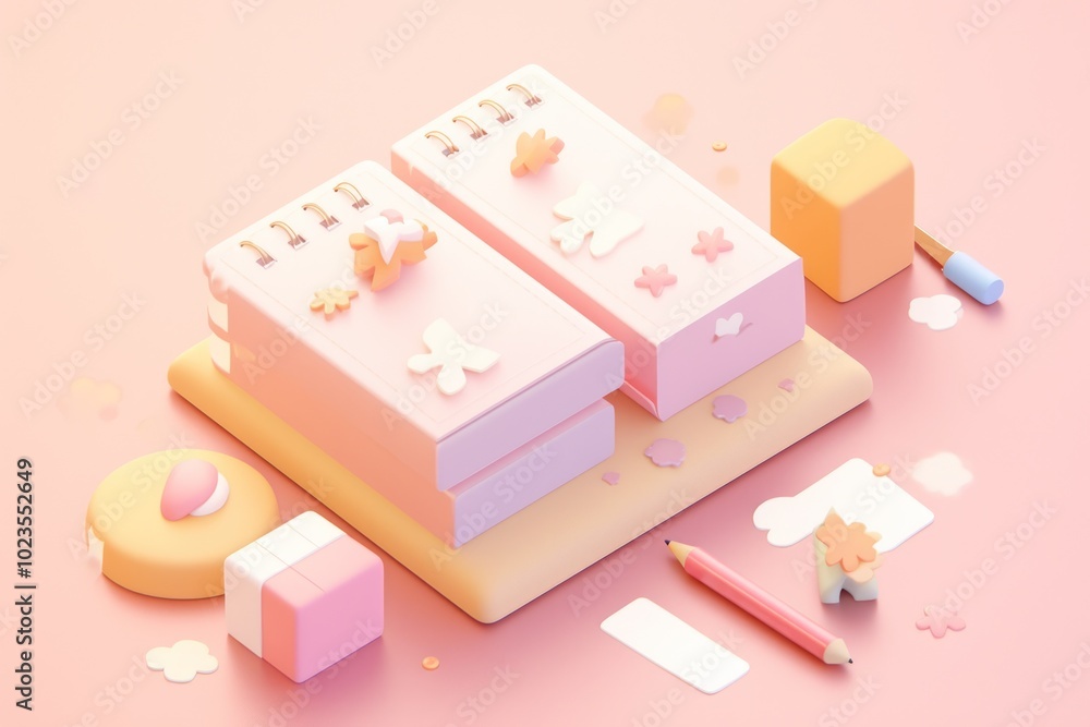 Fototapeta premium Pastel-Colored Desk with Two Notebooks, Pencil, and Decorative Elements