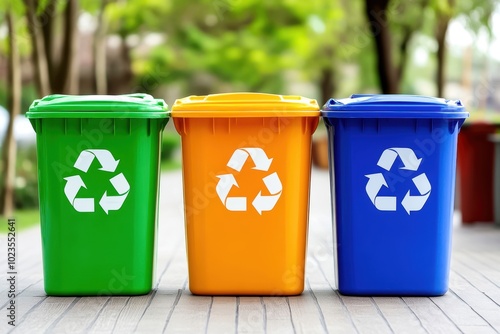 Colorful recycling bins in outdoor setting for waste separation and environmental care. photo