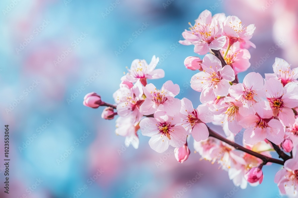 Cherry blossoms in full bloom against a soft sky Cherry blossoms in full bloom against a soft sky