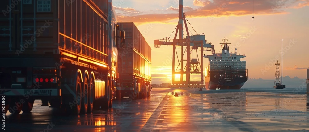 A vibrant sunset scene at a bustling shipping dock with trucks, cargo ship, and loading cranes. Tranquil yet industrious ambiance under warm light. A vibrant sunset scene at a bustling shipping dock with trucks, cargo ship, and loading cranes. Tranquil yet industrious ambiance under warm light.