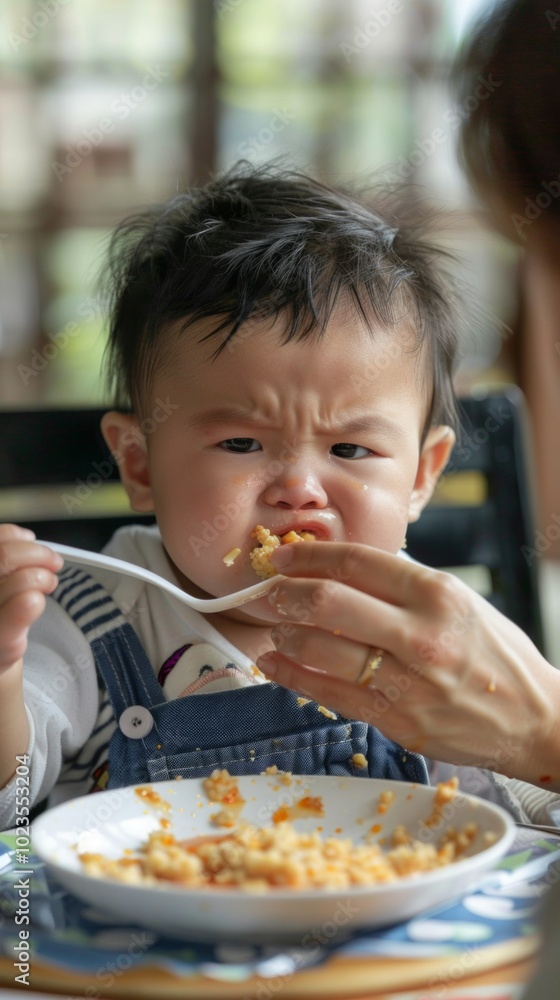 Mother feeds unhappy baby boy at dining table with white plate of food on black chair, green-bordered table, and book. Indoor setting with window in the background. Mother feeds unhappy baby boy at dining table with white plate of food on black chair, green-bordered table, and book. Indoor setting with window in the background.