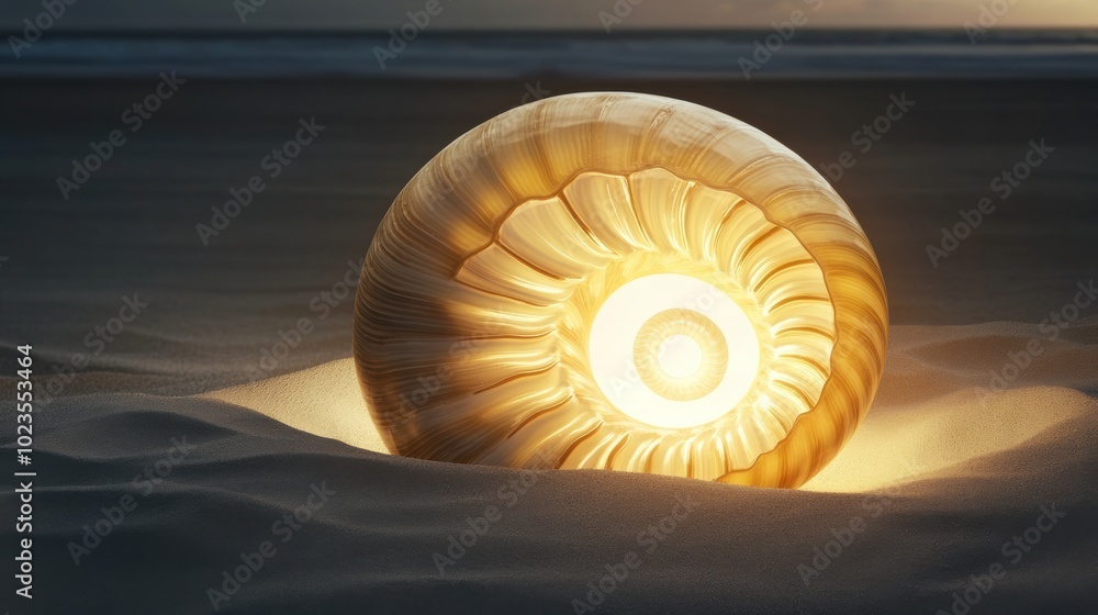 Obraz premium Glowing seashell illuminates the sandy beach at dusk, creating a magical ambiance, AI
