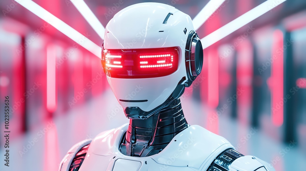 Futuristic humanoid robot with glowing red eyes in a high-tech corridor. Futuristic humanoid robot with glowing red eyes in a high-tech corridor.