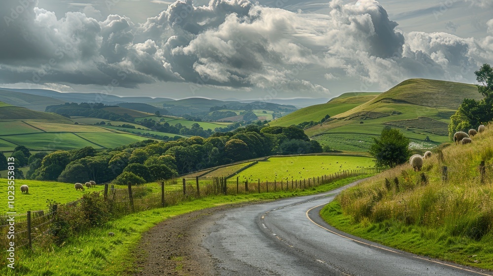 Tranquil Journey Serene Road Amidst Lush Hills and Grazing Sheep under Dramatic Sky Tranquil Journey Serene Road Amidst Lush Hills and Grazing Sheep under Dramatic Sky