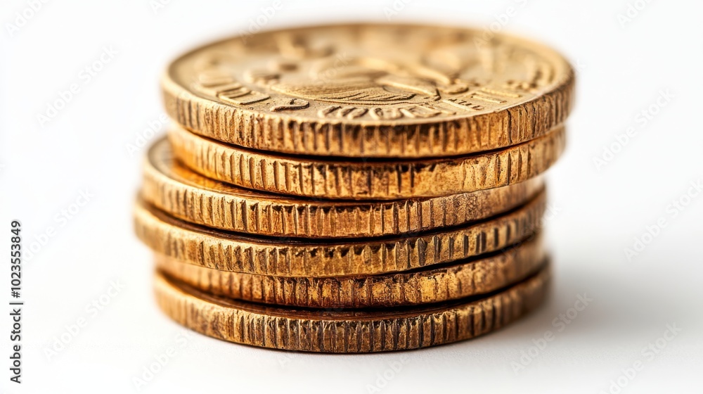 A stack of gold coins symbolizing prosperity, isolated on white background. 