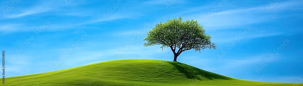 Lone tree on a green hill under a clear blue sky, representing nature's beauty. Lone tree on a green hill under a clear blue sky, representing nature's beauty.