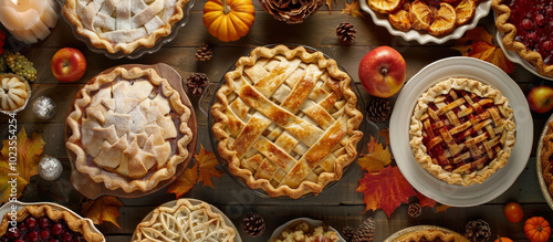 Delicious pies arranged beautifully on wooden table, showcasing various flavors and textures. warm autumn colors and seasonal decorations create cozy, inviting atmosphere perfect for gatherings