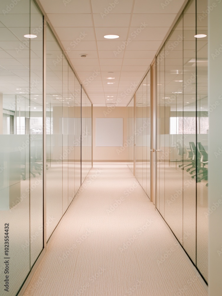 Fototapeta premium Modern Office with Glass Partitions, Employees Working, and Blank Screen in Hallway