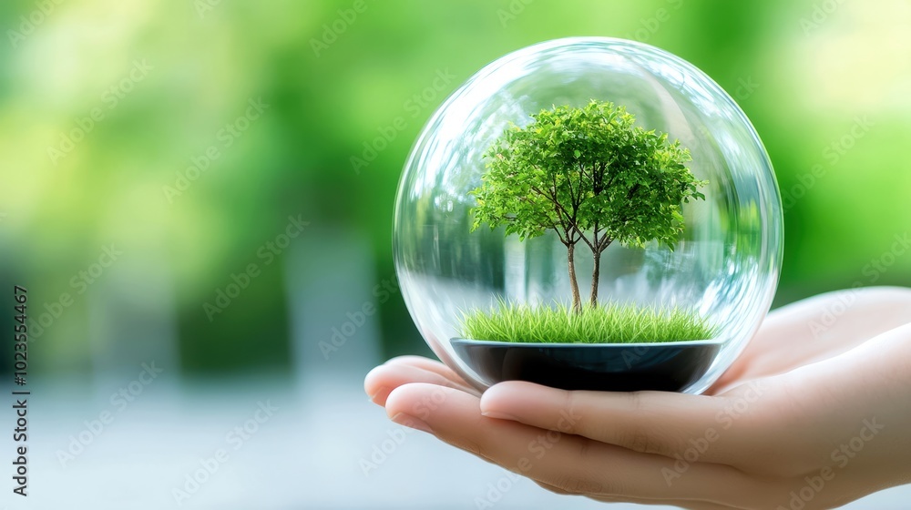Hand holding a glass globe with a small tree and grass inside, symbolizing nature. Hand holding a glass globe with a small tree and grass inside, symbolizing nature.